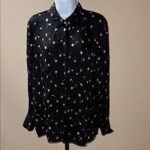 J. Jill Black White Dandelion Satin Button Up Long Sleeve Blouse Women’s Size M